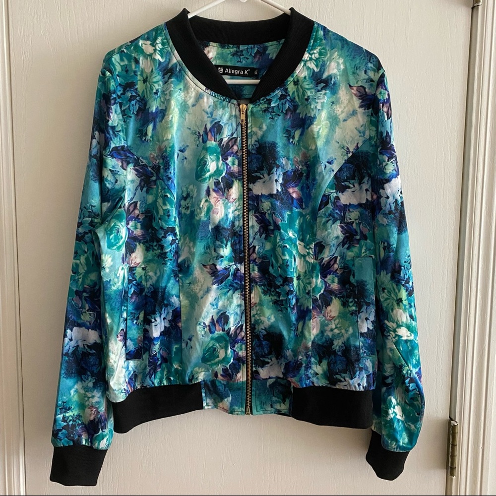 Satin floral bomber jacket. Blue/green. XL